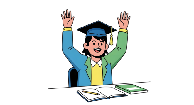 Happy graduate student sitting at a desk with books, celebrating academic success with hands raised in joy. An illustration of achievement and learning - Powered by Adobe
