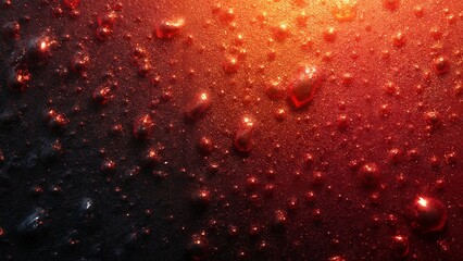 A close up of a red and black surface covered in water droplets.