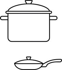 Kitchen cookware vector illustration, black outline cooking pot with lid, frying pan design, household kitchen utensils, simple cooking tools, restaurant food preparation equipment