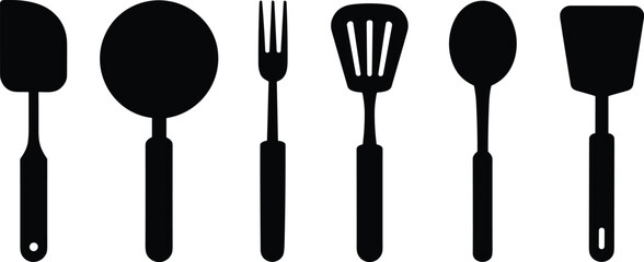 Kitchen utensil silhouette vector illustration, black and white cooking tools, spoon fork spatula icon set, culinary equipment design, restaurant food preparation symbol