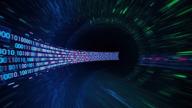A digital tunnel with binary code flowing through space with green and blue light streaks visible