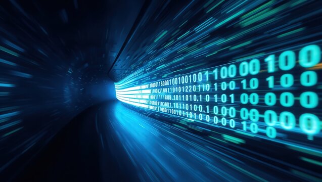 A digital tunnel of binary code with blue light streaks representing data transmission speed