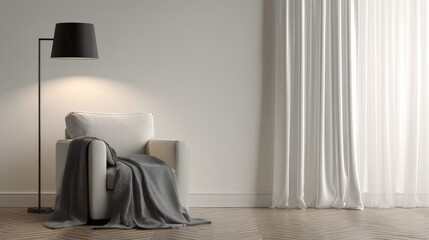 Comfortable Armchair with Blanket in Modern Living Room Interior, Featuring Minimalist Design and Natural Light