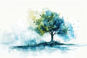 Nature, arbre et verdure, illustration style aquarelle en bleu et vert. 