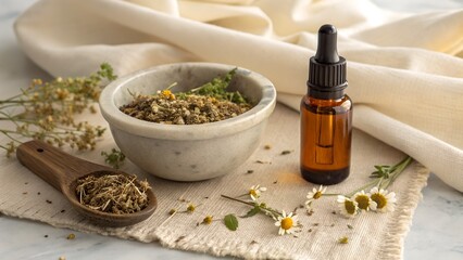natural dried herbs with essential oil dropper on soft fabric background