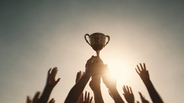 Triumph and Success: Silhouette of Hands Holding Up a Trophy Against a Bright Sky