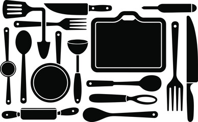 Kitchen utensils silhouettes vector illustration, black cooking tools set with knife fork spoon plate rolling pin cutting board ladle, culinary equipment icons isolated