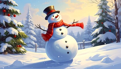Obraz premium Festive snowman basks in a winter wonderland surrounded by snowy trees