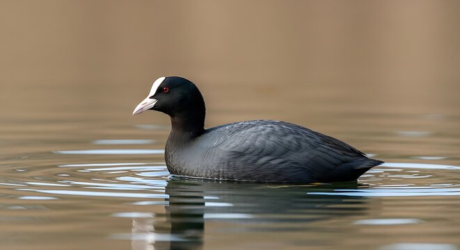 Eurasian Coot swimming in calm water with blurred background.