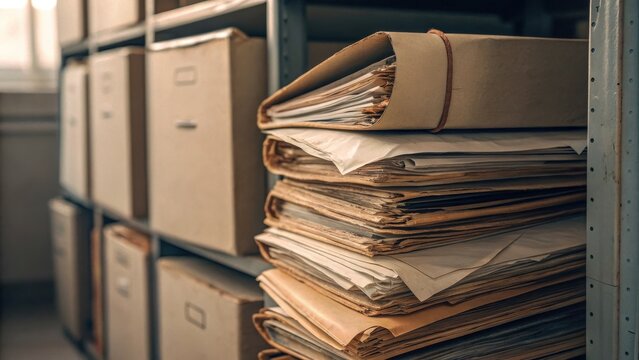 Commercial high-resolution photo of stack of paper files in a folder representing old and ancient archiving practices in a messy order on a documents shelf.