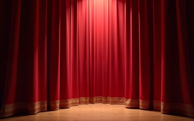 Dramatic red velvet theater curtains with golden details, illuminated by a spotlight. High quality