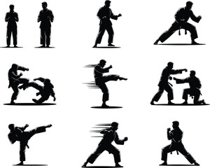 Martial arts silhouettes, karate training poses, self defense fighting moves, taekwondo action vector, combat sports illustration, fitness exercise stances, sparring partners, black design artwork