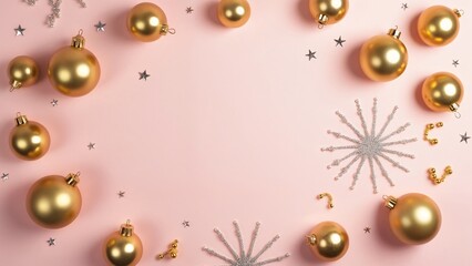 A pink background with gold and silver Christmas ornaments scattered around.