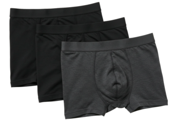 Three mens boxer shorts underwear pack grey and black comfortable cotton fabric studio shot transparent background