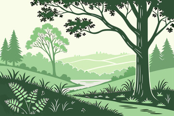 Naklejka premium Flat green forest scene illustration with natural elements