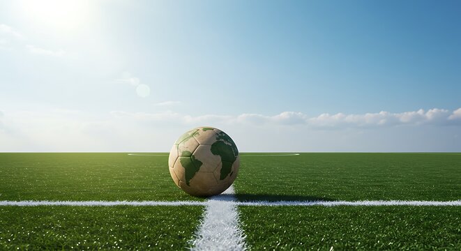 World Map Soccer Ball on Green Field Under Blue Sky