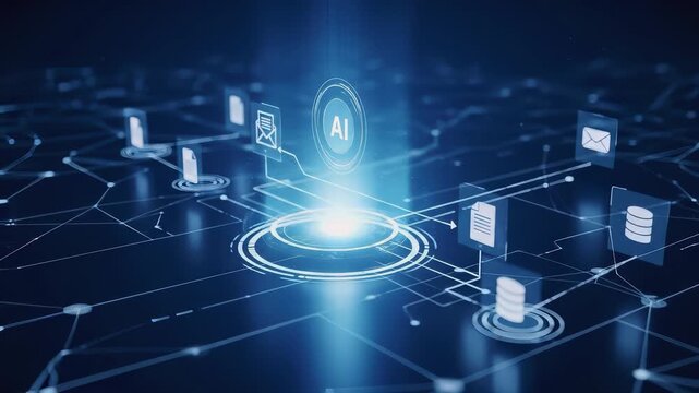 AI agent automating digital workflow with connected data, document, and email icon on a futuristic network, representing smart process management and artificial intelligence automation.