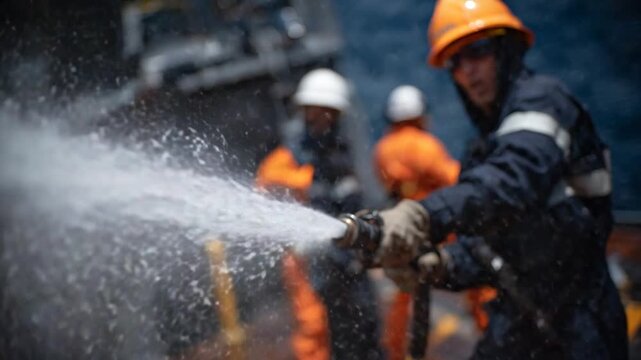 Close-up of hands gripping a fire hose nozzle with water spraying, as crew in fireproof suits coordinate a drill on deck.