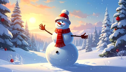 Festive snowman greeting winter with open arms against winter scenery