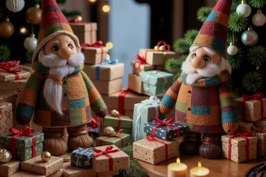 Festive gnome dolls in patchwork outfits surrounded by glowing candles, wrapped gifts, and twinkling Christmas trees in a cozy, joyful holiday setting.