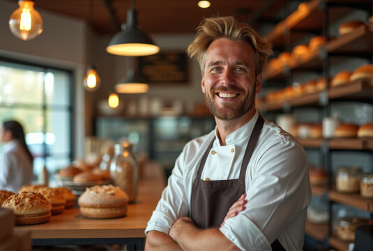 Smiling young man in a cozy bakery with freshly backed breads - Powered by Adobe