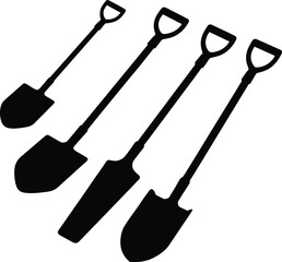 Shovel silhouettes vector set, gardening tools illustration, agriculture equipment, spade icons, construction and farming work, black shovel design, digging tools collection