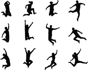 Silhouette people jumping, active human poses, happiness, freedom concept, group silhouettes vector, energetic movement, fitness lifestyle, dance jump, sport exercise design