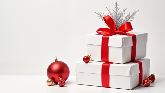 A stack of white boxes with red ribbons and a red bow.
