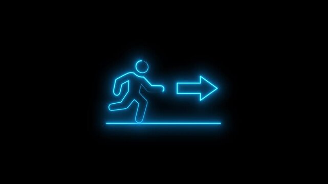 Right side Neon glowing green color emergency exit icon 4k video animation on black background. Man running out, fire exit. Emergency exit sign. Emergency exit. Safety animation.