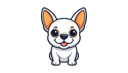 Cute cartoon french bulldog, white with orange ears, sits happily in front of a plain white background.