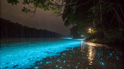 Rain over a Bioluminescent Lagoon – Night rain dimpling glowing blue water.