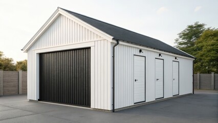 Commercial high-resolution photo of white double garage with a pitched roof and black retractable metal door.