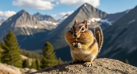 Cute chipmunk with full cheeks on a rock in the mountains.