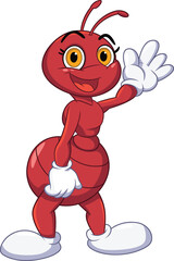 Cartoon red ant waving with gloves and shoes, cheerful insect character illustration for educational content, mascot design, and playful storytelling themes