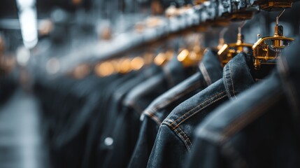 Row of Denim Jackets Hanging on Golden Hangers