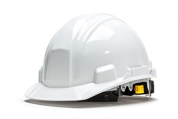 Fototapeta premium A pristine white hard hat, slightly angled, rests on a stark white background; smooth, glossy surface with subtle ridges