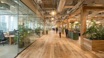 Fototapeta premium Modern Office Interior with Wooden Floor and Plants, Featuring Open Space and Natural Light Design