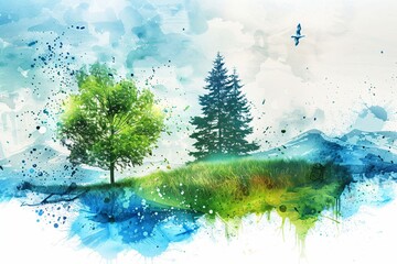 Nature, arbre et verdure, illustration style aquarelle en bleu et vert. 