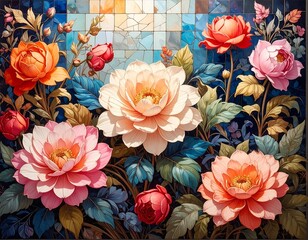 Elegance botanical arrangement with vibrant flowers against textured backdrop