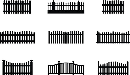 Wooden fence silhouettes, garden fence vector, decorative barrier design, black picket fence illustration, outdoor protection, boundary element, security, property border, architecture design