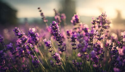 Naklejka premium Lush lavender field bathed in golden sunrise