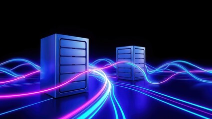 Two server racks connected by flowing neon light trails against a dark background showing data transfer