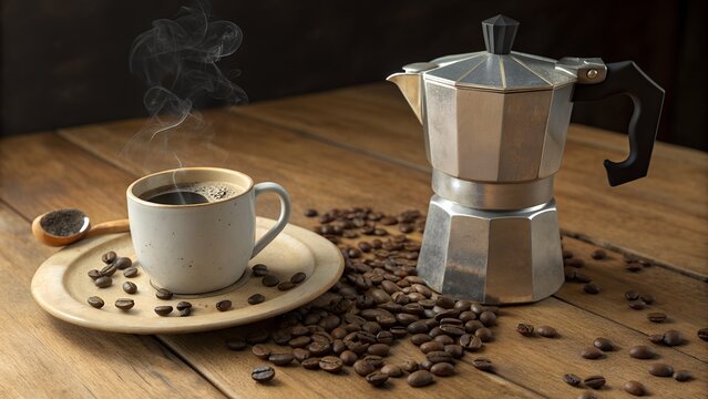 freshly brewed coffee in cup with moka pot on rustic wooden table - Powered by Adobe