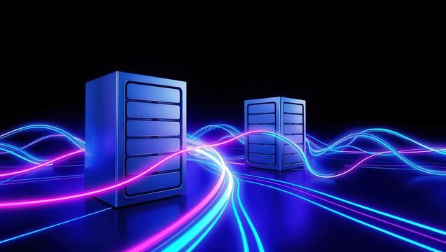 Two server racks connected by flowing neon light trails against a dark background showing data transfer