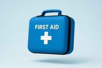 Obraz premium Blue first aid kit with white cross symbol on a light background for health and safety
