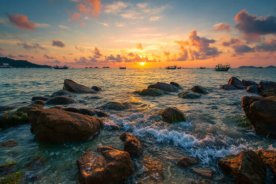 Golden hour hues over a rocky coastline with calm waters and distant boats - Powered by Adobe