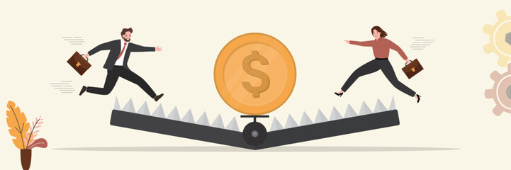 Business people going to find profit from investment or trading. Golden coin bait in animal trap. Danger or business accident, loss or debt. Risk and money management.