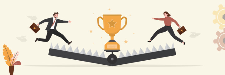 Business people trying to catch trophy in big animal trap. Bait for employees, fake prize or profit. Unattainable positive result, useless workers. Bait or lure for stupid workers