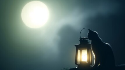 Moonlit black cat with vintage lantern in misty night