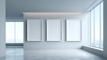 Obraz premium Minimalist Gallery Interior with Three Blank Frames and Large Windows, Ideal for Mockups and Presentations